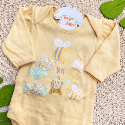 Kit 3 Peças - Bodys Manga Longa Bem Me Quer Abelhas - Amarelo, Off White e Mostarda